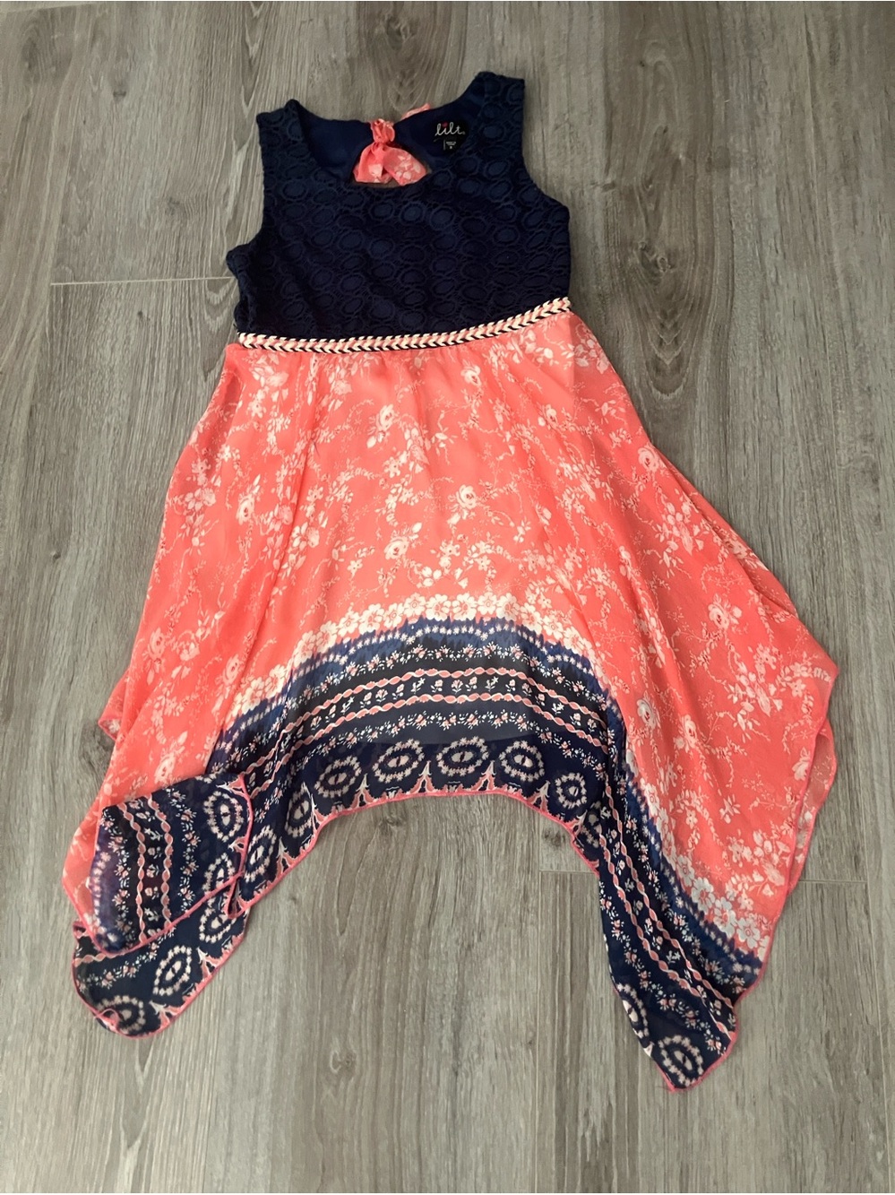 LILT girls' beautiful sleeveless bohemian lace/ chiffon mix print dress| 8